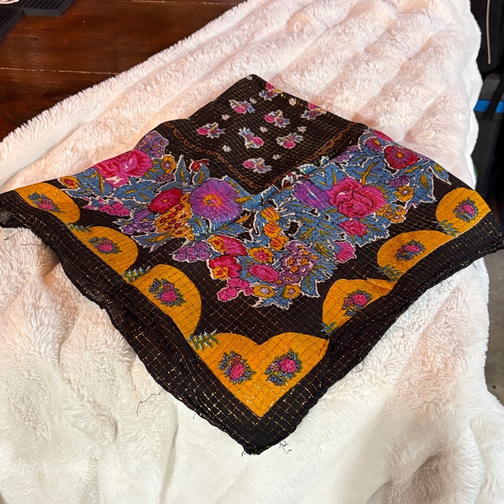 Floral Patterned Scarf with Black and Yellow Accents